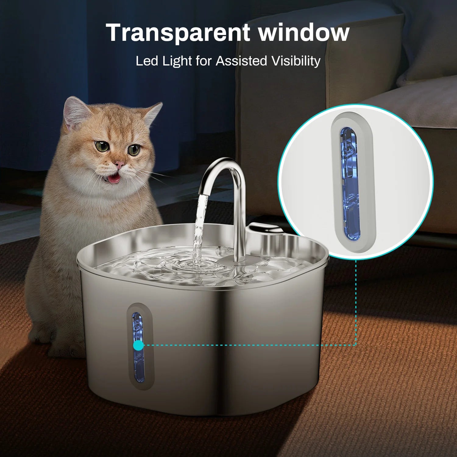2.2L Automatic Stainless Steel Cat & Dog Water Fountain with Faucet, Carbon Filter & Silent Pump