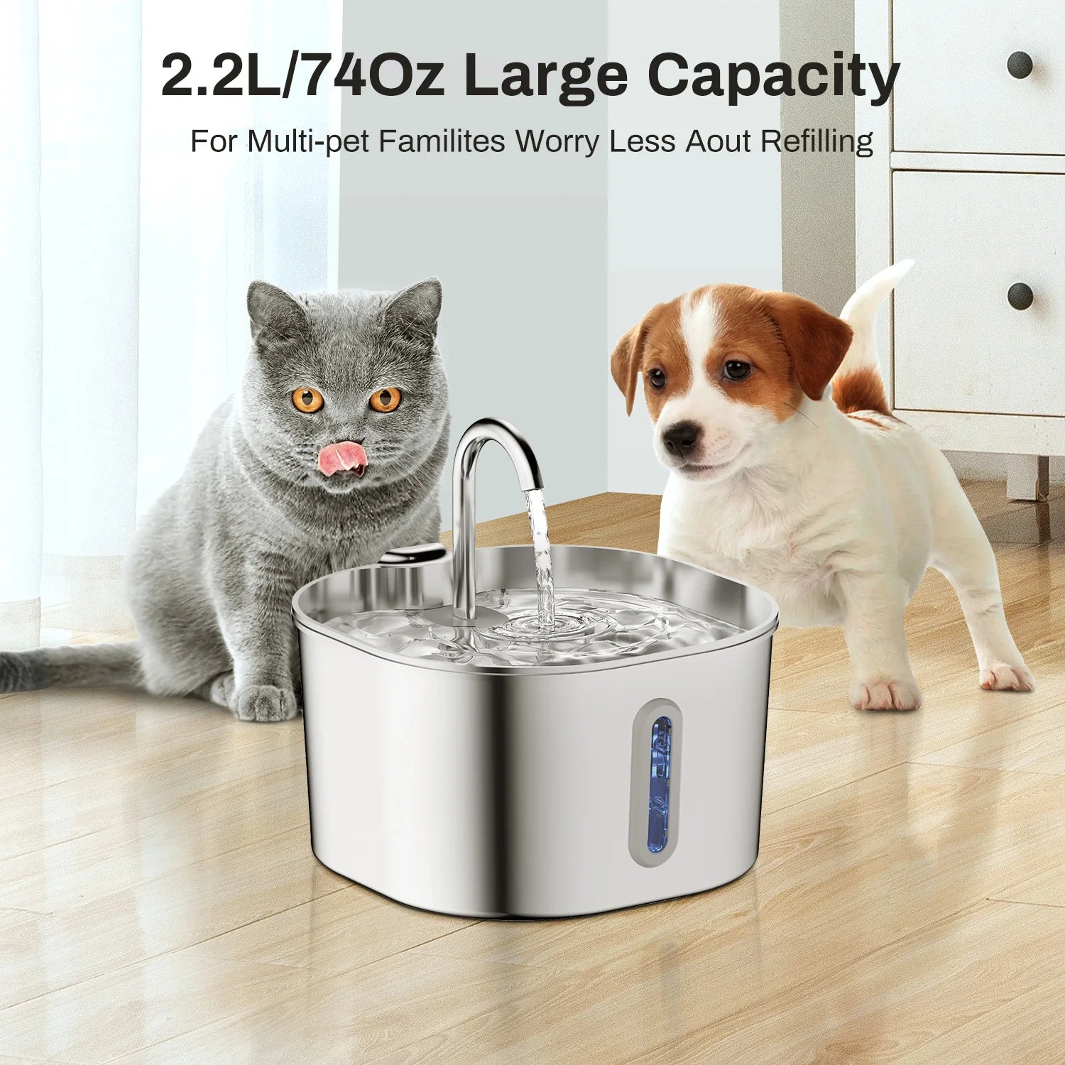 2.2L Automatic Stainless Steel Cat & Dog Water Fountain with Faucet, Carbon Filter & Silent Pump