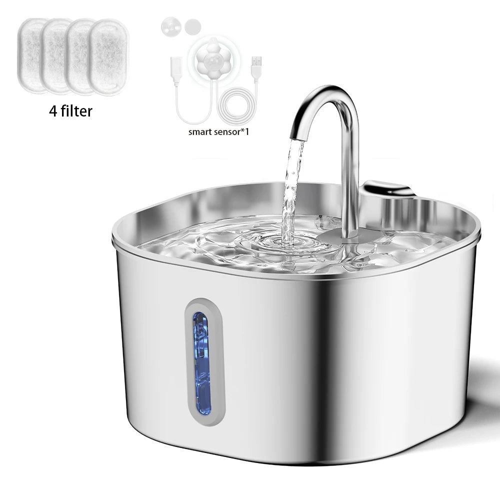 2.2L Automatic Stainless Steel Cat & Dog Water Fountain with Faucet, Carbon Filter & Silent Pump