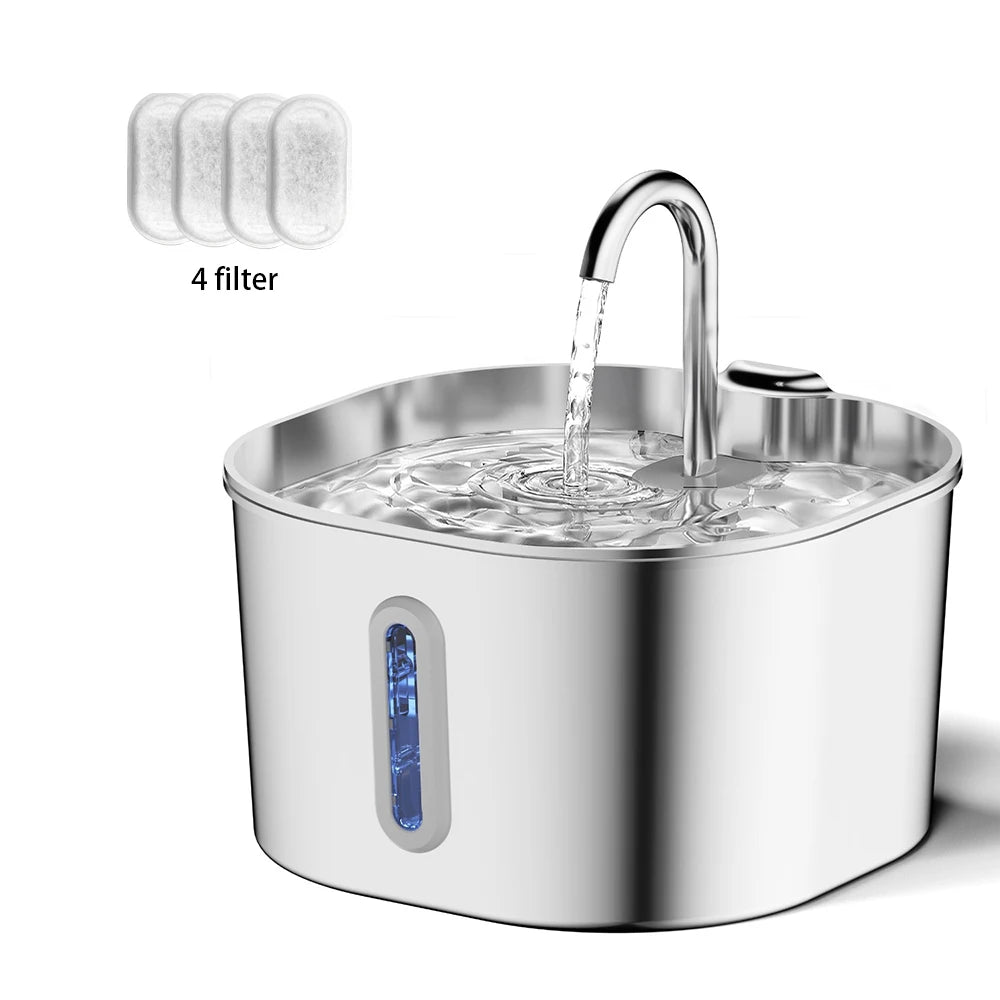 2.2L Automatic Stainless Steel Cat & Dog Water Fountain with Faucet, Carbon Filter & Silent Pump
